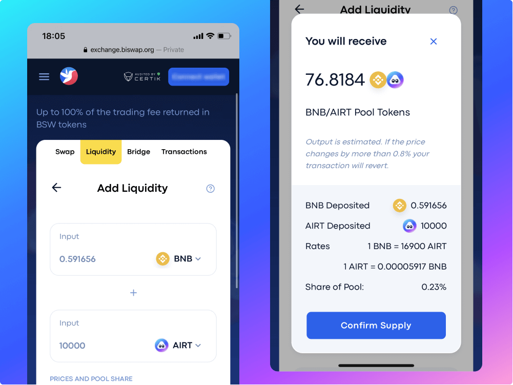 Farm AIRT on Biswap and Earn BSW : Step 2